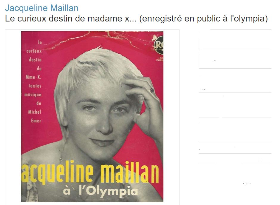 Buy vinyl artist% Jacqueline Maillan à l'Olympia - Le curieux destin de Mme X. for sale